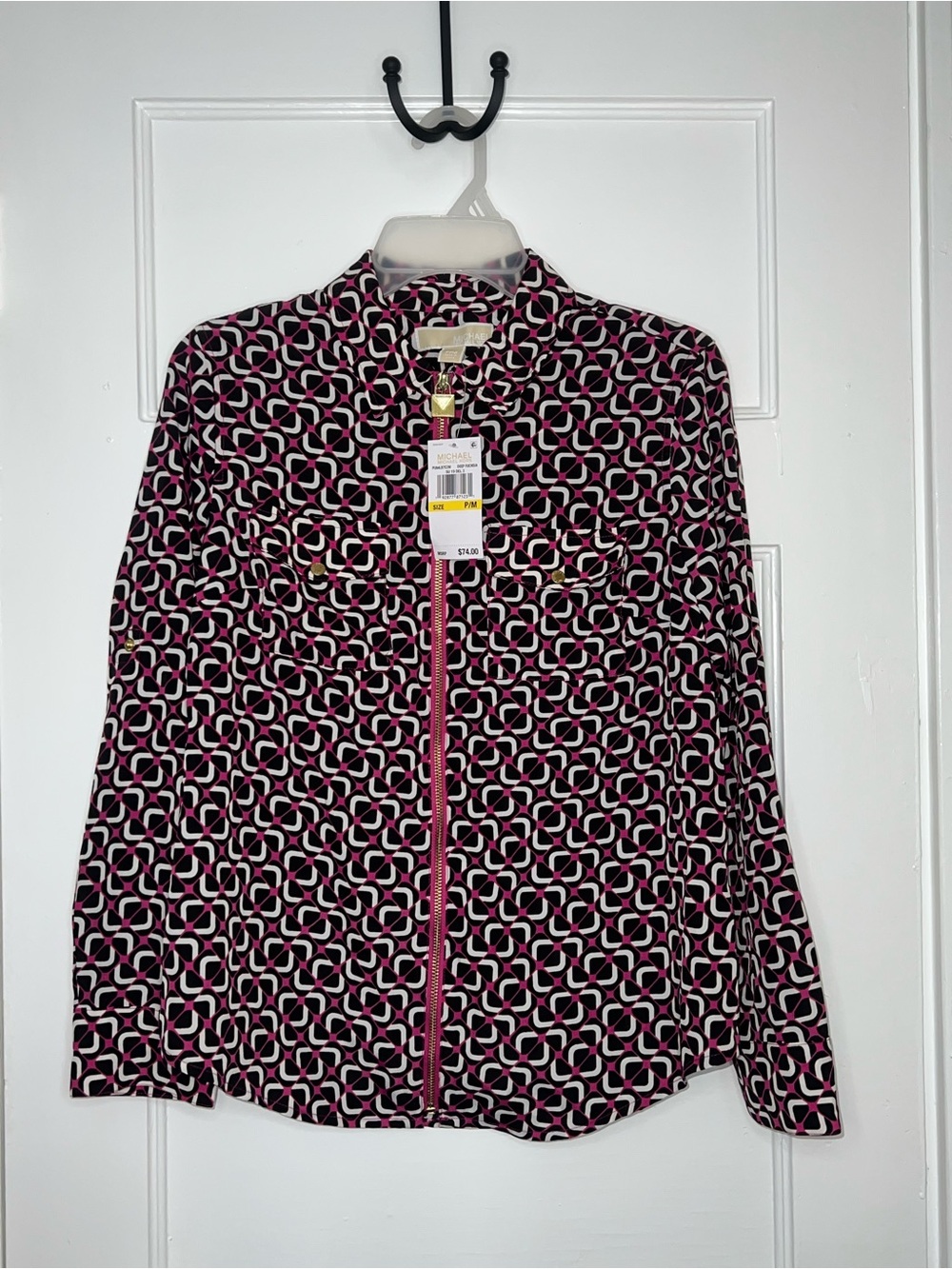 Petite Medium MICHAEL Michael Kors Pink White & Black Geometric Zip-Front Blouse